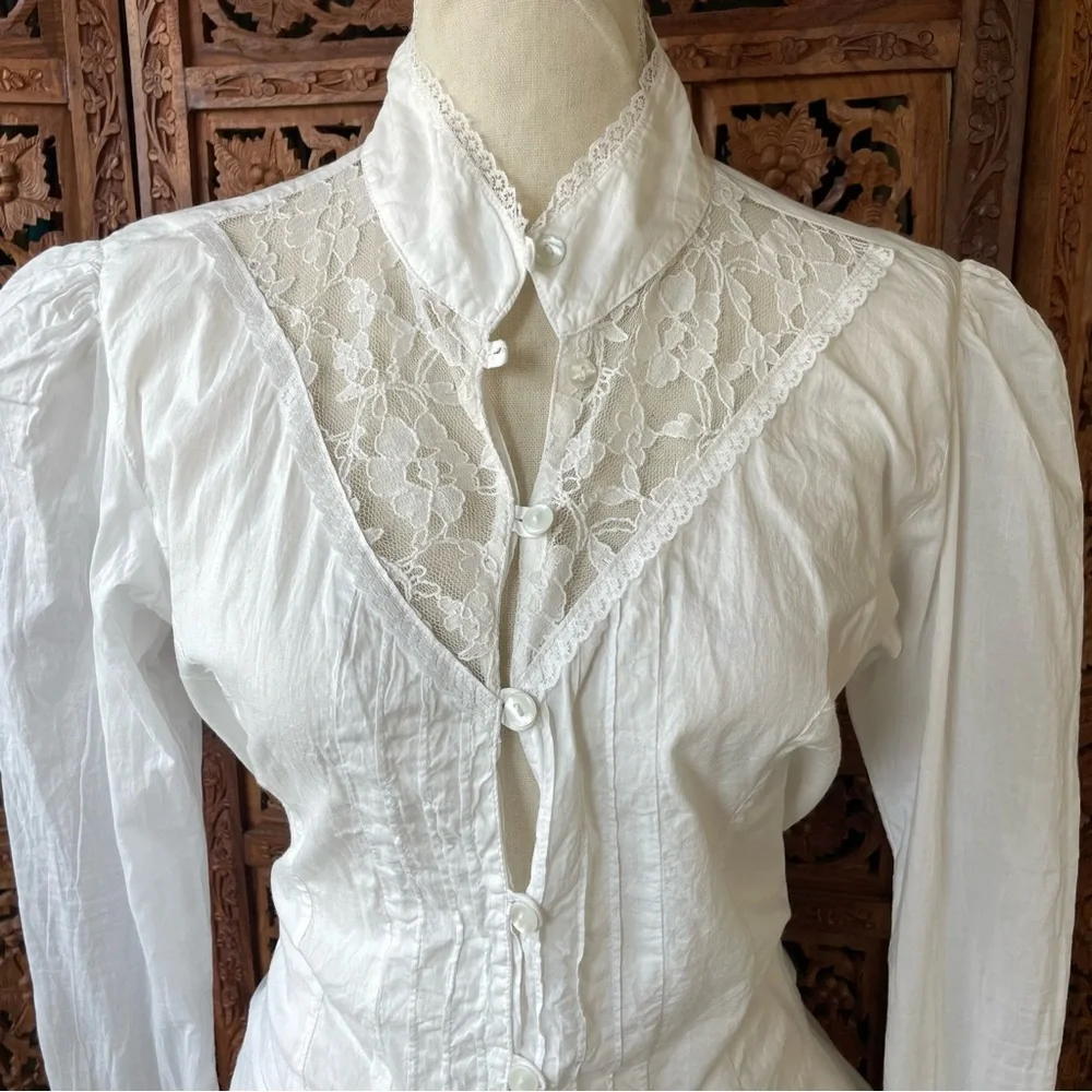 Victorian-Inspired Western White Cotton Lace High-Neck Button Down bell sleeve - Picture 6 of 13